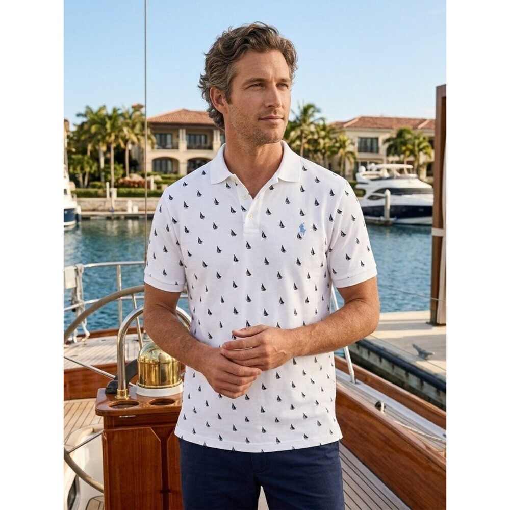 Polo Ralph Lauren White Sailboat Polo Shirt Medium | Navy Nautical Print Cotton